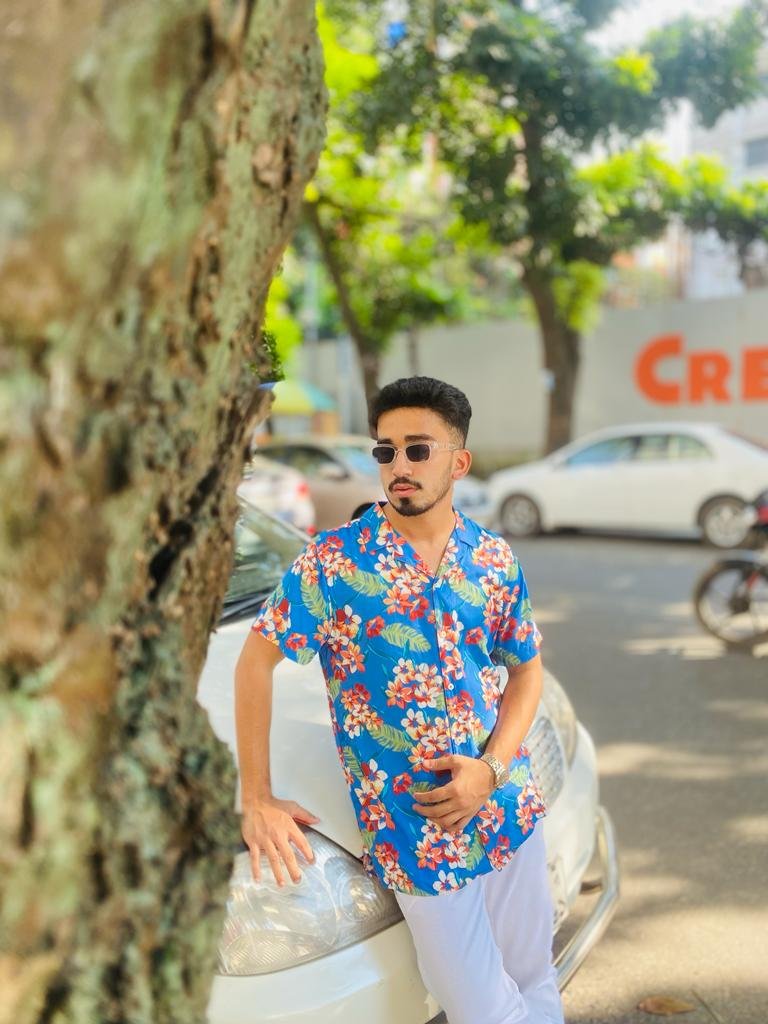 Premium Blue Flower Print Half Shirt for Men in Bangladesh
