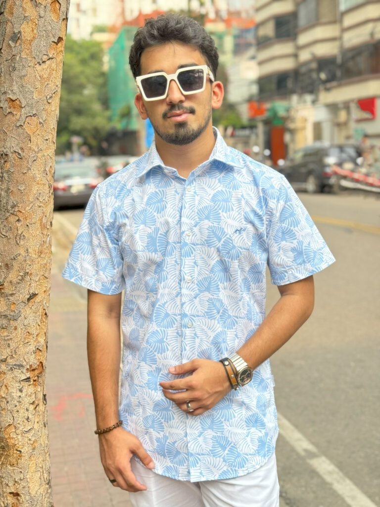 Sacoor Brothers Summer Friendly Printed Half Shirt Light Sky Leaf