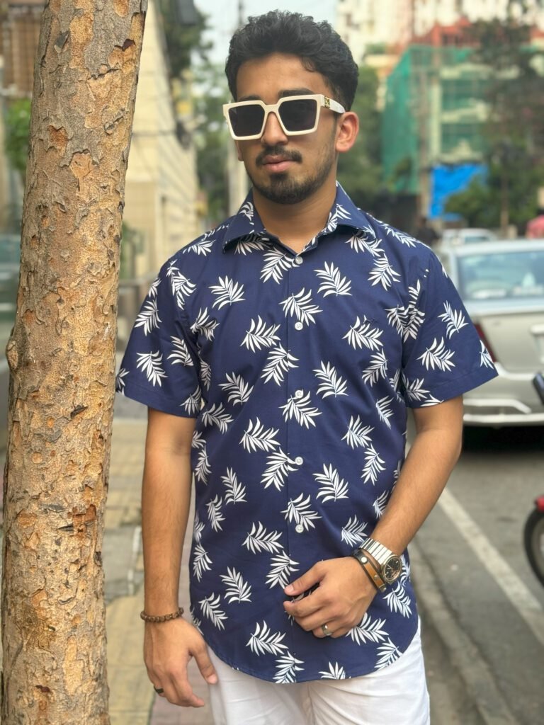 Sacoor Brothers Summer Friendly Printed Half Shirt Navy Blue