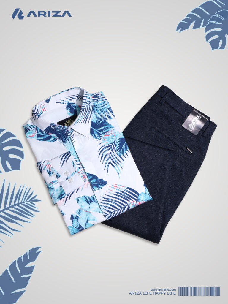 Tropical print casual shirt and Navy Blue Texture Pants Combo 01